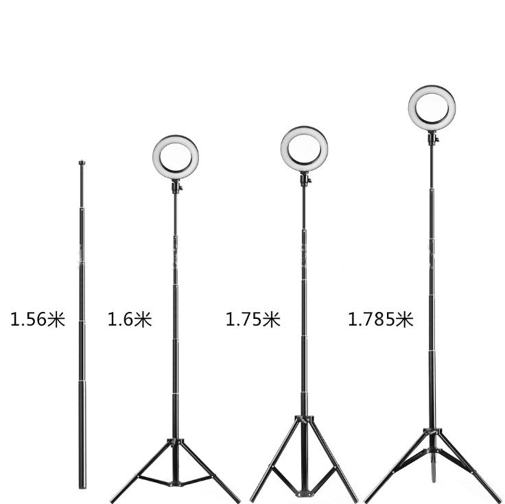 Adjustable black ring light on tripod stand with Bluetooth remote shown at different heights