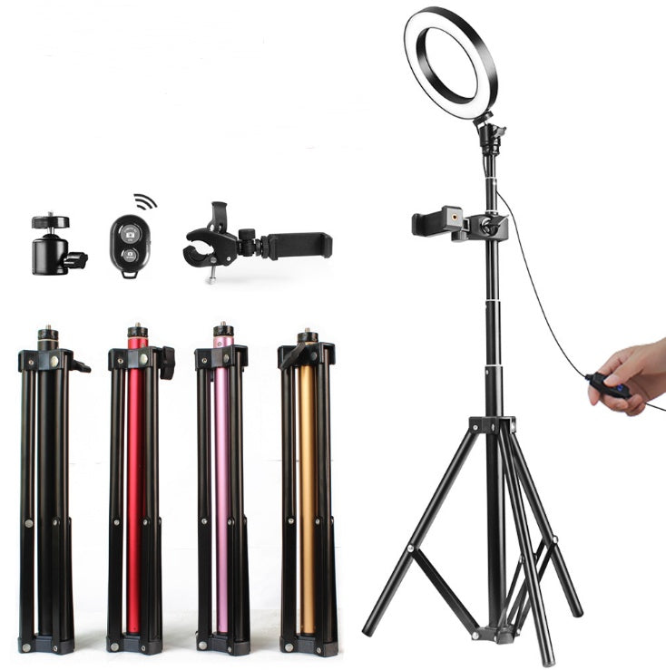 Adjustable ring light with tripod stand in black, red, pink, and gold colors, Bluetooth remote included