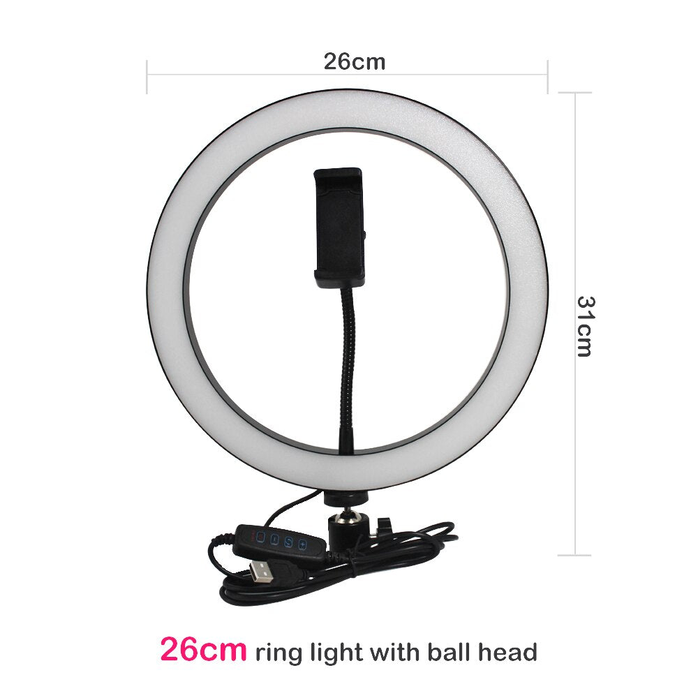 26cm LED ring light with phone holder and USB remote control for video lighting