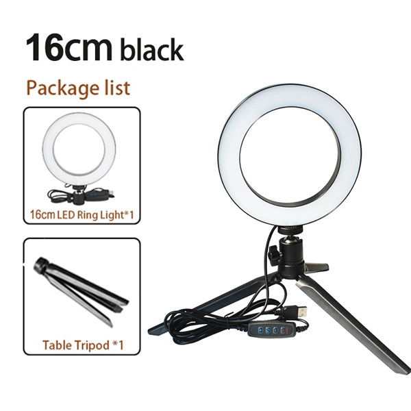 16cm black LED ring light mounted on a foldable table tripod with USB power cable and controls