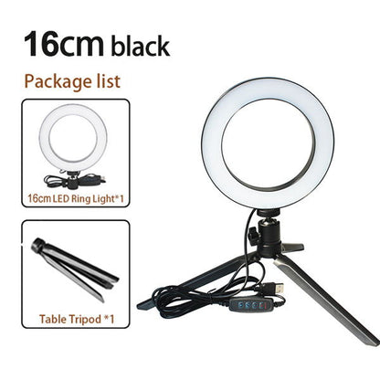 16cm black LED ring light mounted on a foldable table tripod with USB power cable and controls