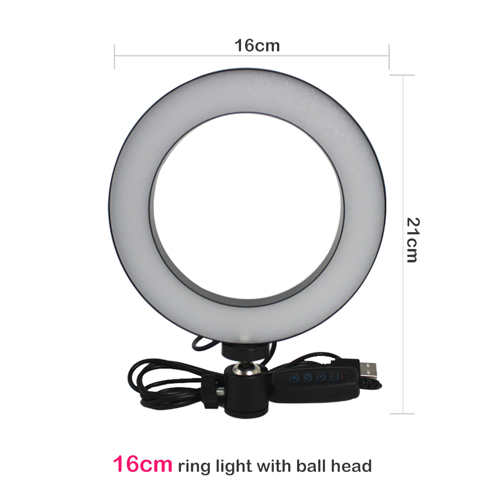 16cm LED ring light with USB cable and remote control, ball head mount shown with dimensions