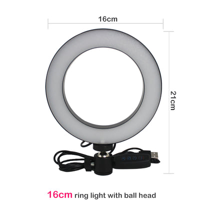 16cm LED ring light with USB cable and remote control, ball head mount shown with dimensions