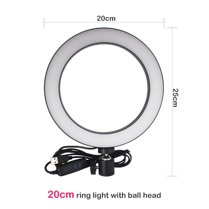 20cm LED ring light with ball head mount and USB remote control on white background