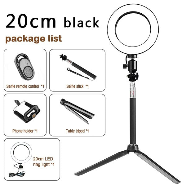 20cm black LED ring light with tripod, selfie stick, phone holder, and remote control kit
