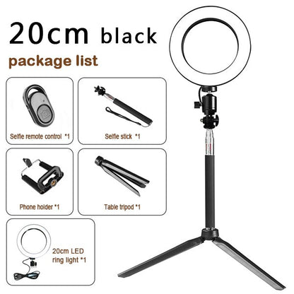 20cm black LED ring light with tripod, selfie stick, phone holder, and remote control kit