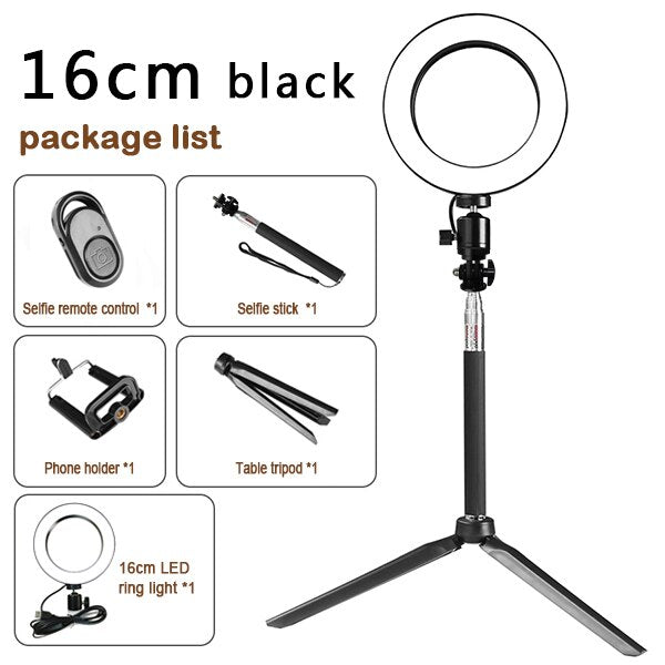 16cm black LED ring light with tripod stand, selfie remote, stick, phone holder included