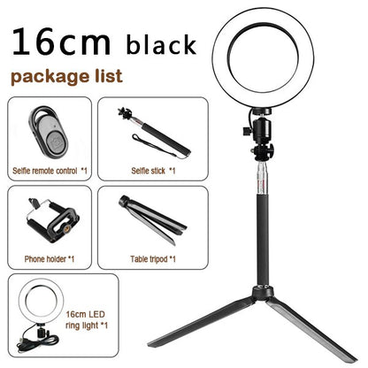 16cm black LED ring light with tripod stand, selfie remote, stick, phone holder included