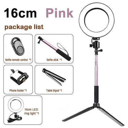 16cm pink LED ring light with black tripod stand, selfie remote, stick, and phone holder
