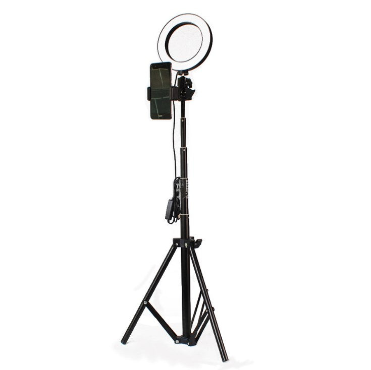 Black tripod stand with ring light and smartphone holder, Bluetooth remote attached, isolated on white