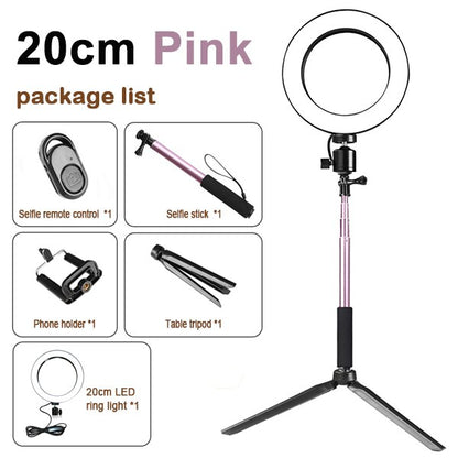 20cm pink LED ring light with tripod stand, selfie stick, phone holder, and remote control