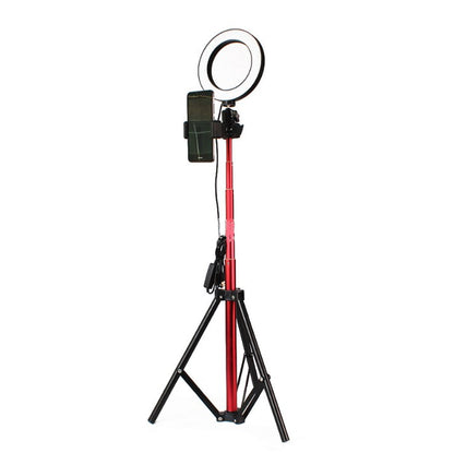 Red tripod stand with adjustable ring light and phone holder for video recording and live streaming