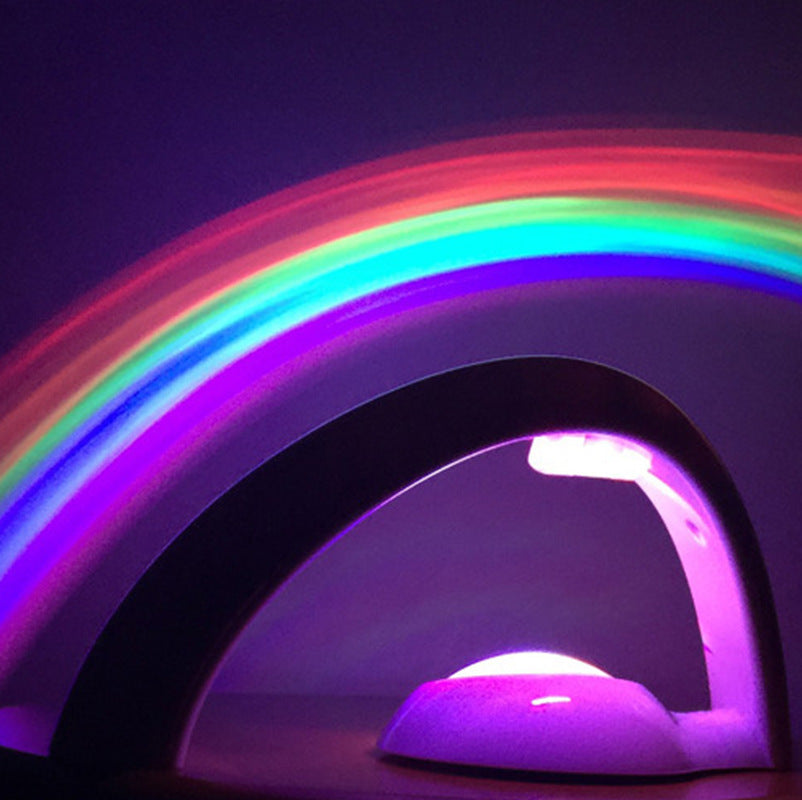 LED rainbow projector night light casting colorful rainbow on dark wall