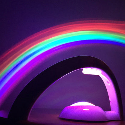 LED rainbow projector night light casting colorful rainbow on dark wall