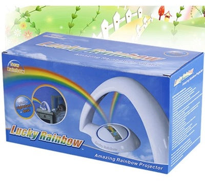 Lucky Rainbow LED projector night light in blue box with rainbow arc design