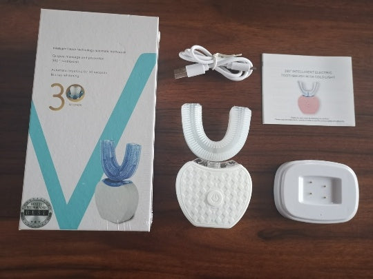 Automatic electric U-shaped toothbrush with USB cable, charging base, instruction manual, and packaging box