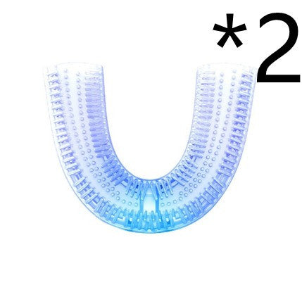 Two transparent blue U-shaped automatic electric toothbrush heads with 360-degree bristles