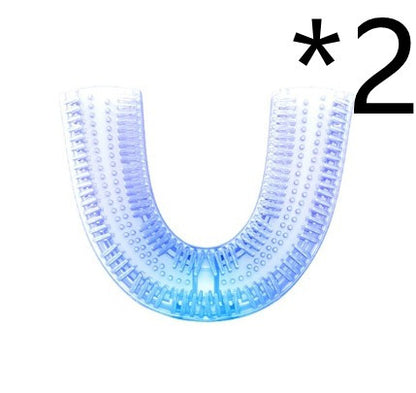 Two transparent blue U-shaped automatic electric toothbrush heads with 360-degree bristles