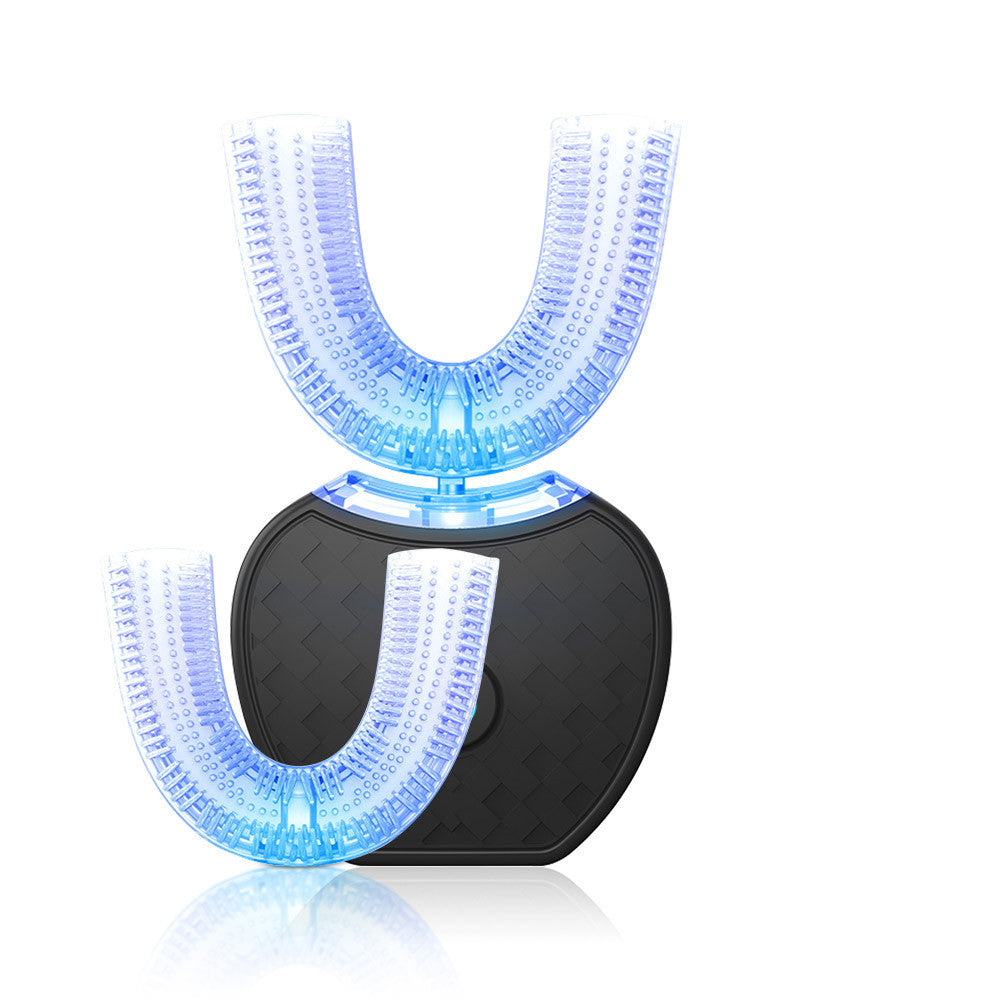 Automatic U-shape electric toothbrush with two detachable blue brush heads and black base