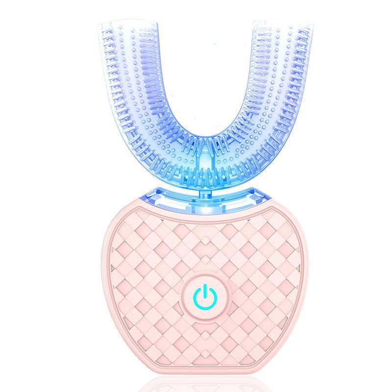 Automatic electric U-shaped toothbrush with waterproof design and pink textured base