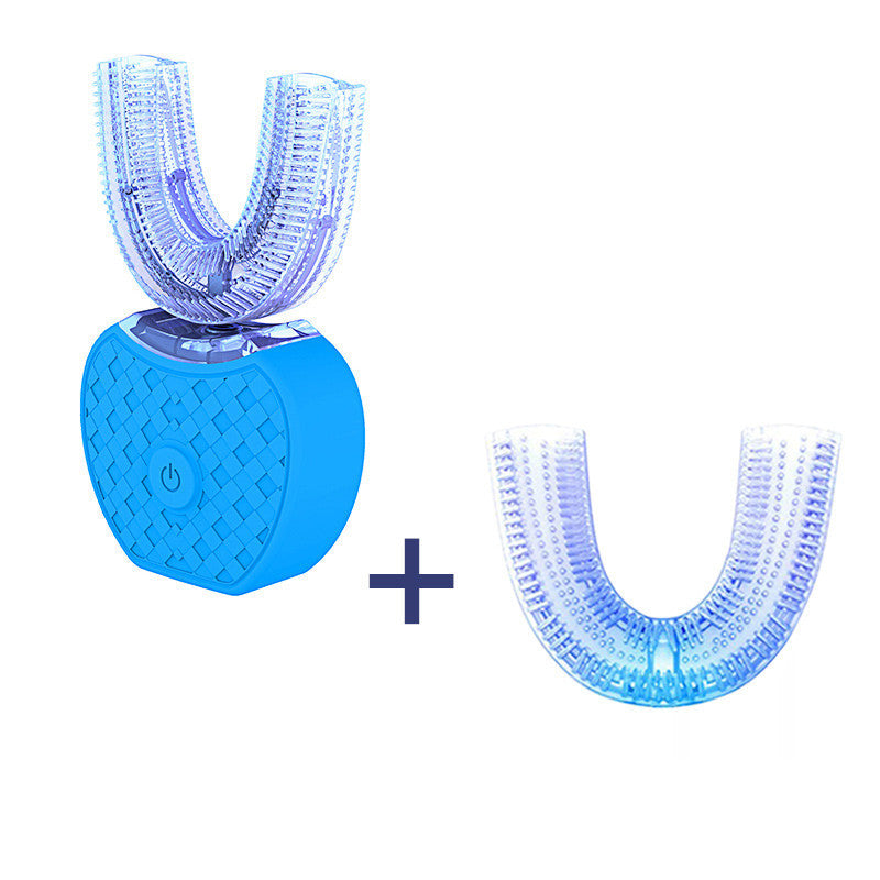 Blue automatic electric U-shaped toothbrush with extra silicone brush head on white background