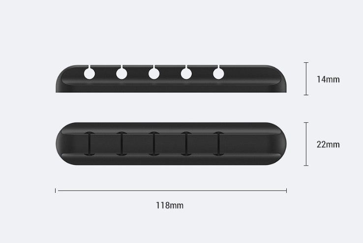 Black silicone cable organizer clip with five slots, shown with dimensions 118mm by 22mm by 14mm