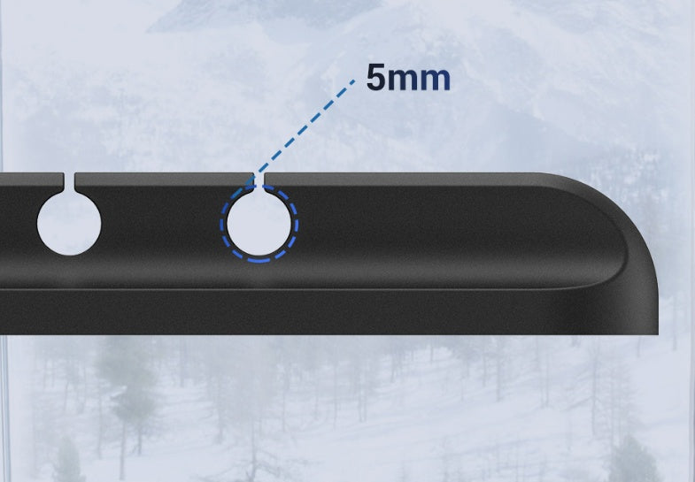 Close-up of black silicone cable organizer clip showing 5mm diameter wire holder on a transparent background