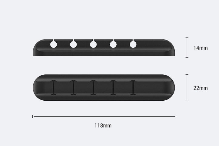 Black silicone cable organizer with five slots, showing front and side views with dimensions 118mm length, 14mm and 22mm heights
