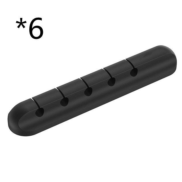 Black silicone cable organizer with five slots for desk wire management, clip style holder