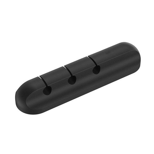 Black silicone cable organizer clip with three slots for desk wire management