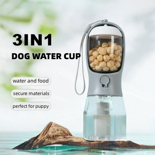 3-in-1 portable dog water cup with food container and water dispenser on natural background