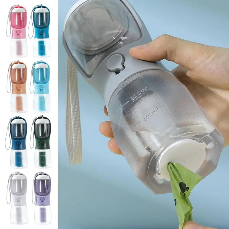 Portable 300ml pet water bottle with built-in water filter and green waste bag dispenser in multiple colors