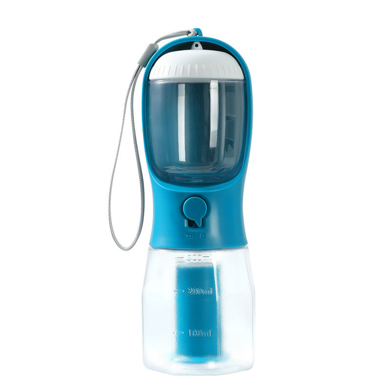 Blue portable 300ml pet water bottle with built-in water filter and detachable water bowl