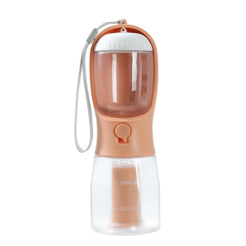 Portable pet water bottle with built-in water filter and waste bag dispenser, peach and clear