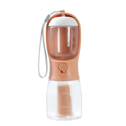 Portable pet water bottle with built-in water filter and waste bag dispenser, peach and clear