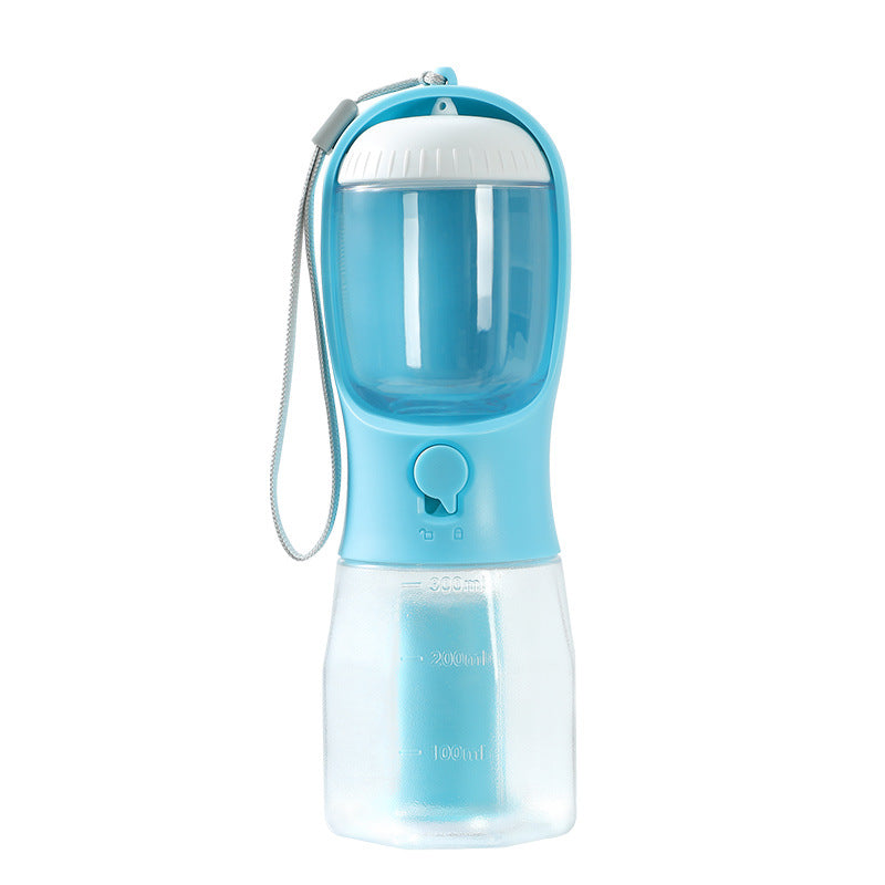 Blue and white portable pet water bottle with built-in water filter and leash on white background