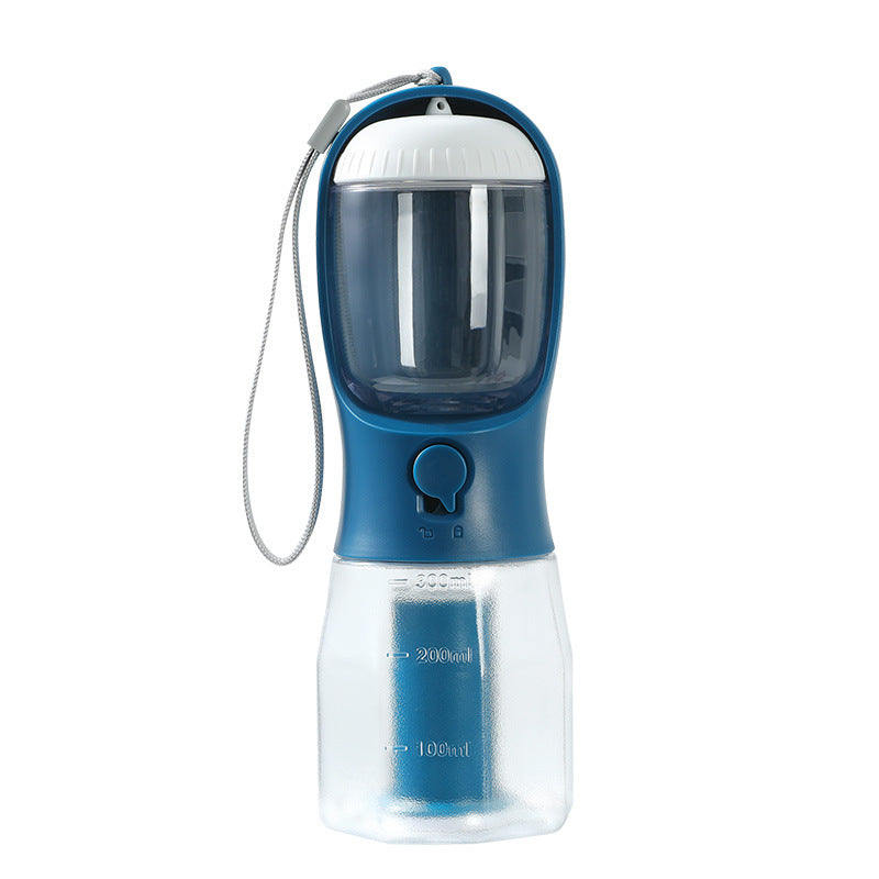 Indigo 300ml portable pet water bottle with built-in water filter, pet feeder, and waste bag dispenser