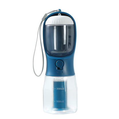 Indigo 300ml portable pet water bottle with built-in water filter, pet feeder, and waste bag dispenser