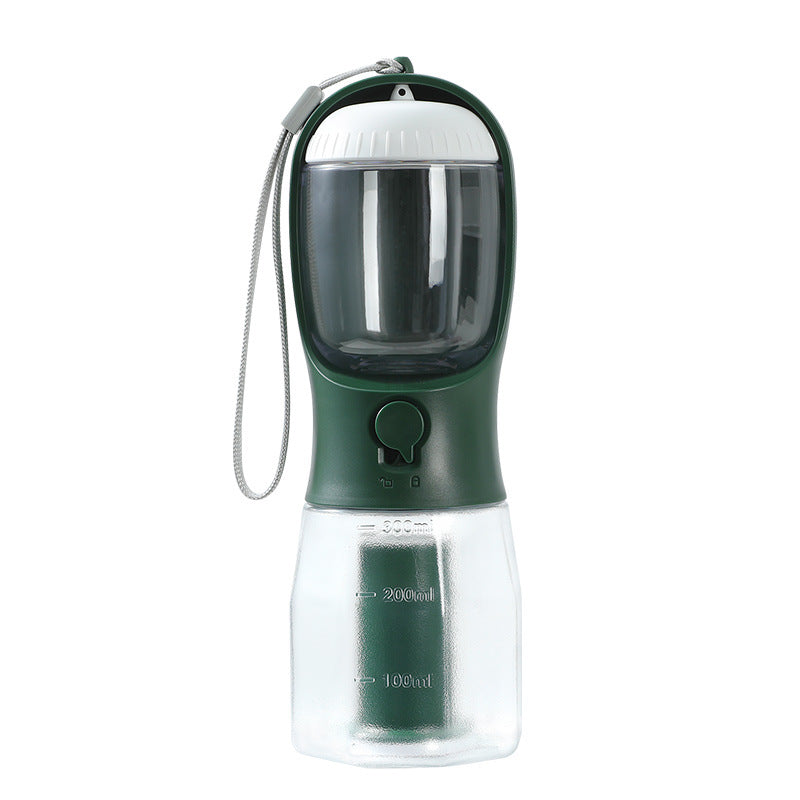 Portable 300ml pet water bottle with built-in filter, dark green and white, includes waste bag dispenser and wrist strap