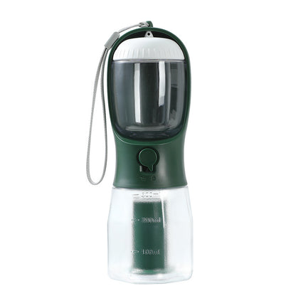 Portable 300ml pet water bottle with built-in filter, dark green and white, includes waste bag dispenser and wrist strap