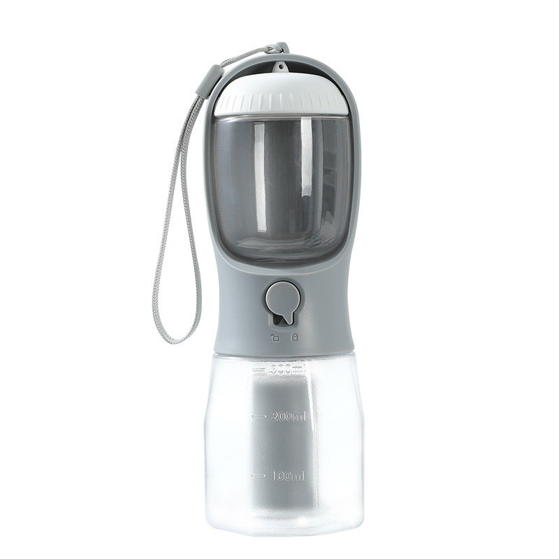 Portable 300ml gray pet water bottle with built-in water filter, bowl, and waste bag dispenser