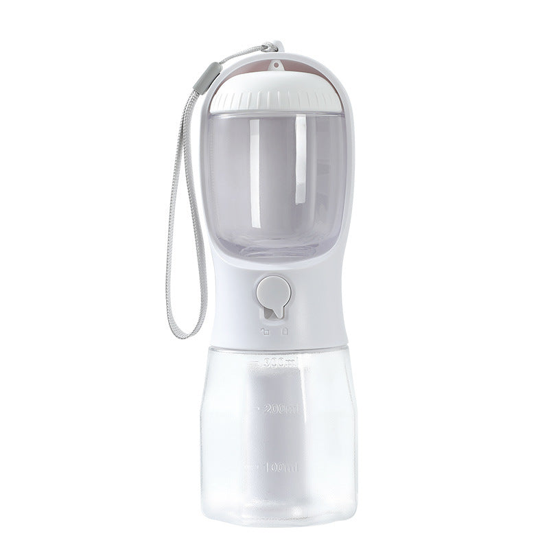 portable pet water bottle and feeder with built-in water filter and strap on white background