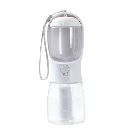 portable pet water bottle and feeder with built-in water filter and strap on white background