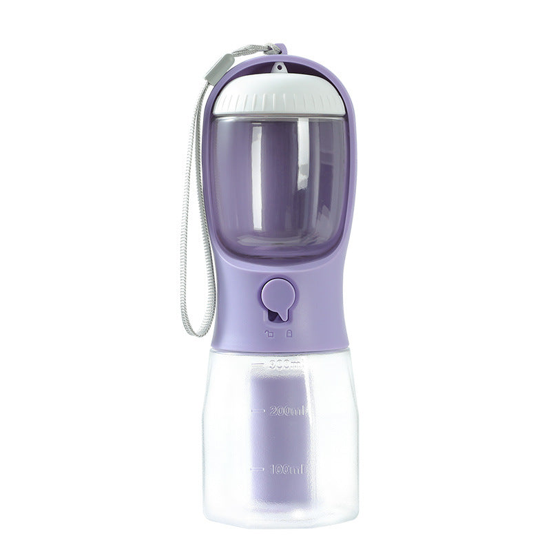 Portable 300ml pet water bottle and feeder in indigo with built-in water filter and waste bag dispenser