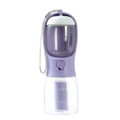 Portable 300ml pet water bottle and feeder in indigo with built-in water filter and waste bag dispenser