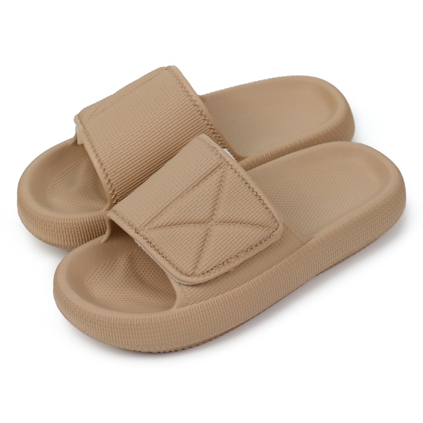 Beige EVA platform slippers with adjustable straps and textured cushioning for comfort