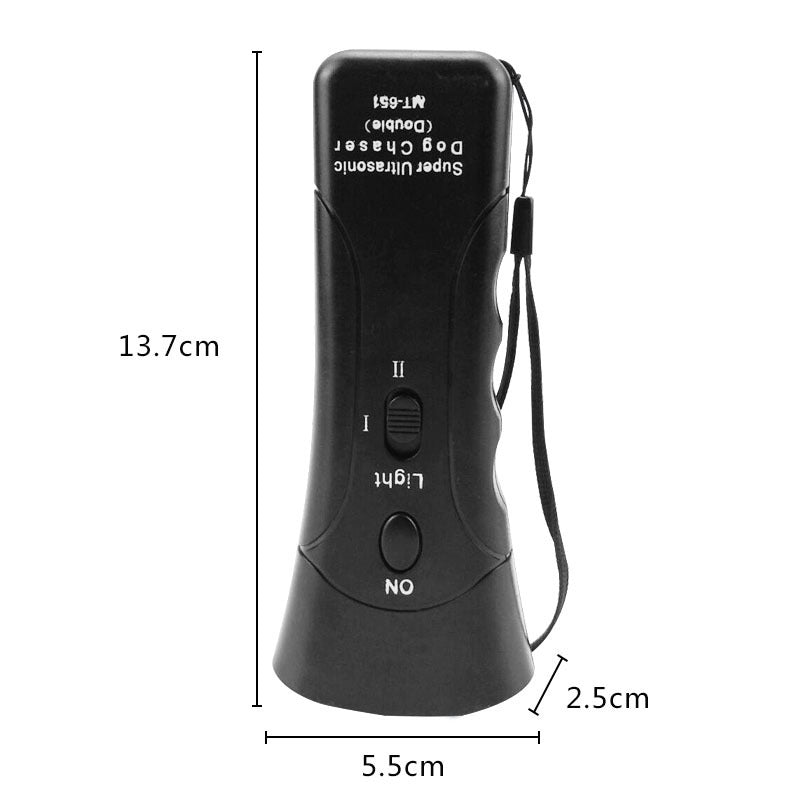 Black ultrasonic dog repeller device with on/off button, light switch, and wrist strap, measuring 13.7x5.5x2.5 cm