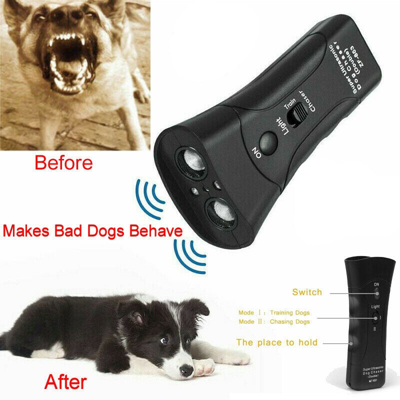Ultrasonic dog repeller training device with LED flashlight, showing before aggressive dog and after calm dog