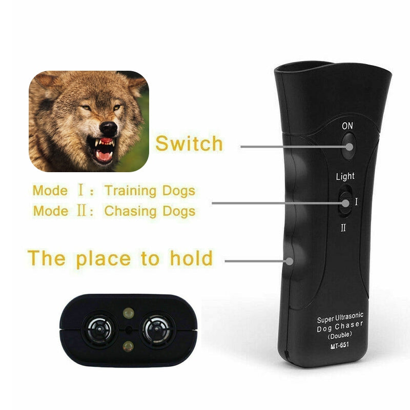 Black Super Ultrasonic Dog Chaser device with switches for training and chasing dogs and two ultrasonic emitters
