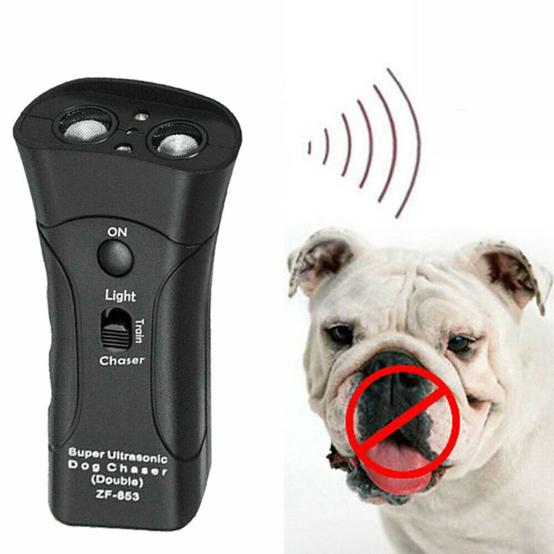Black ultrasonic dog chaser device with LED light and a bulldog marked with no symbol